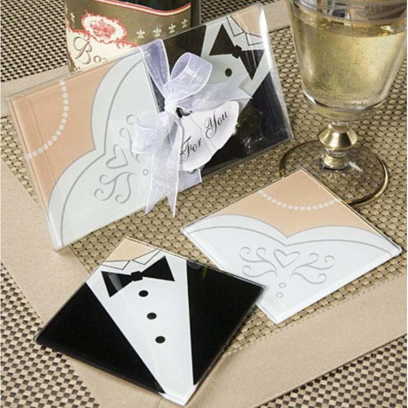 Caja de 100 Posavasos de Cristal Novios para detalle Boda