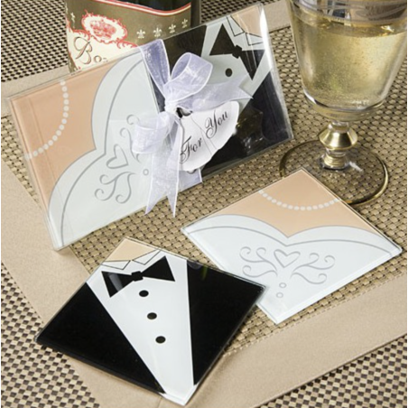 Caja de 100 Posavasos de Cristal Novios para detalle Boda